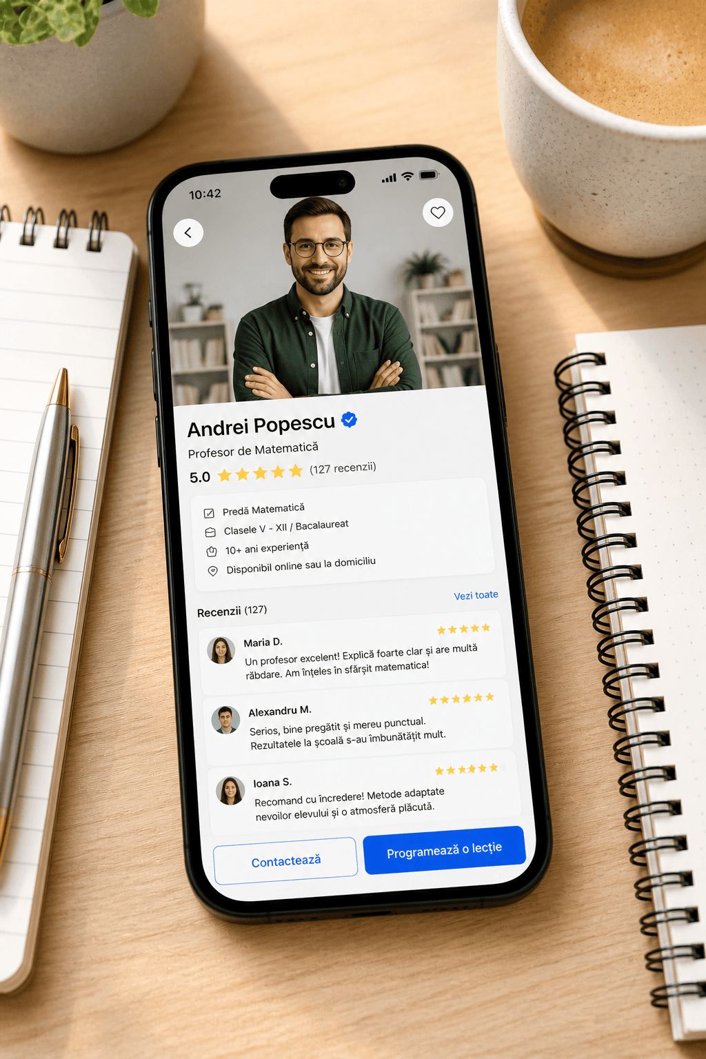 Profil de meditator pe platformă cu poză, rating 5 stele și review-uri pozitive