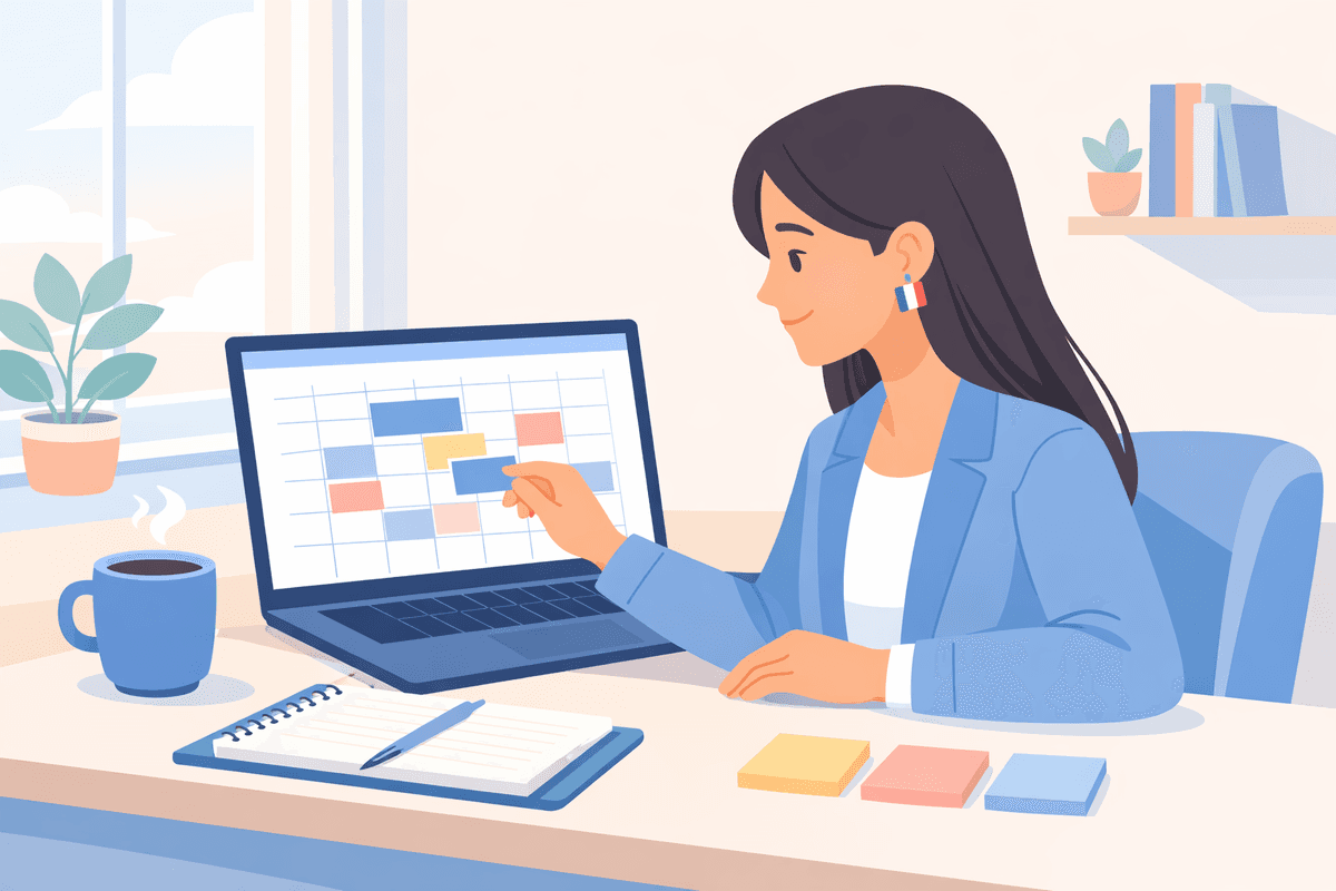 Laptop cu calendar săptămânal organizat pe culori - orar meditații pentru profesor cu mulți elevi