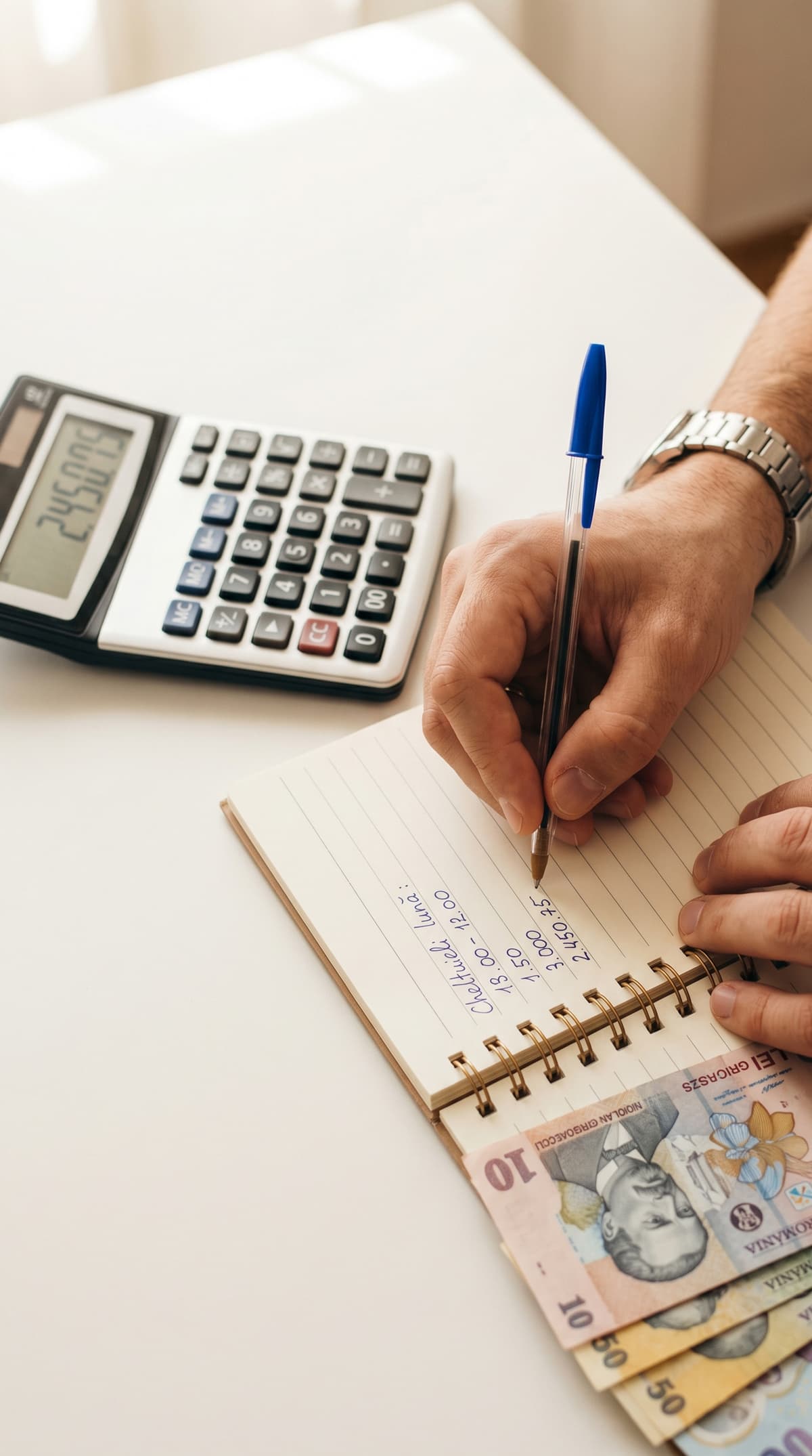 Meditator notând într-un caiet lângă un calculator și bancnote - venit din meditații în 2026
