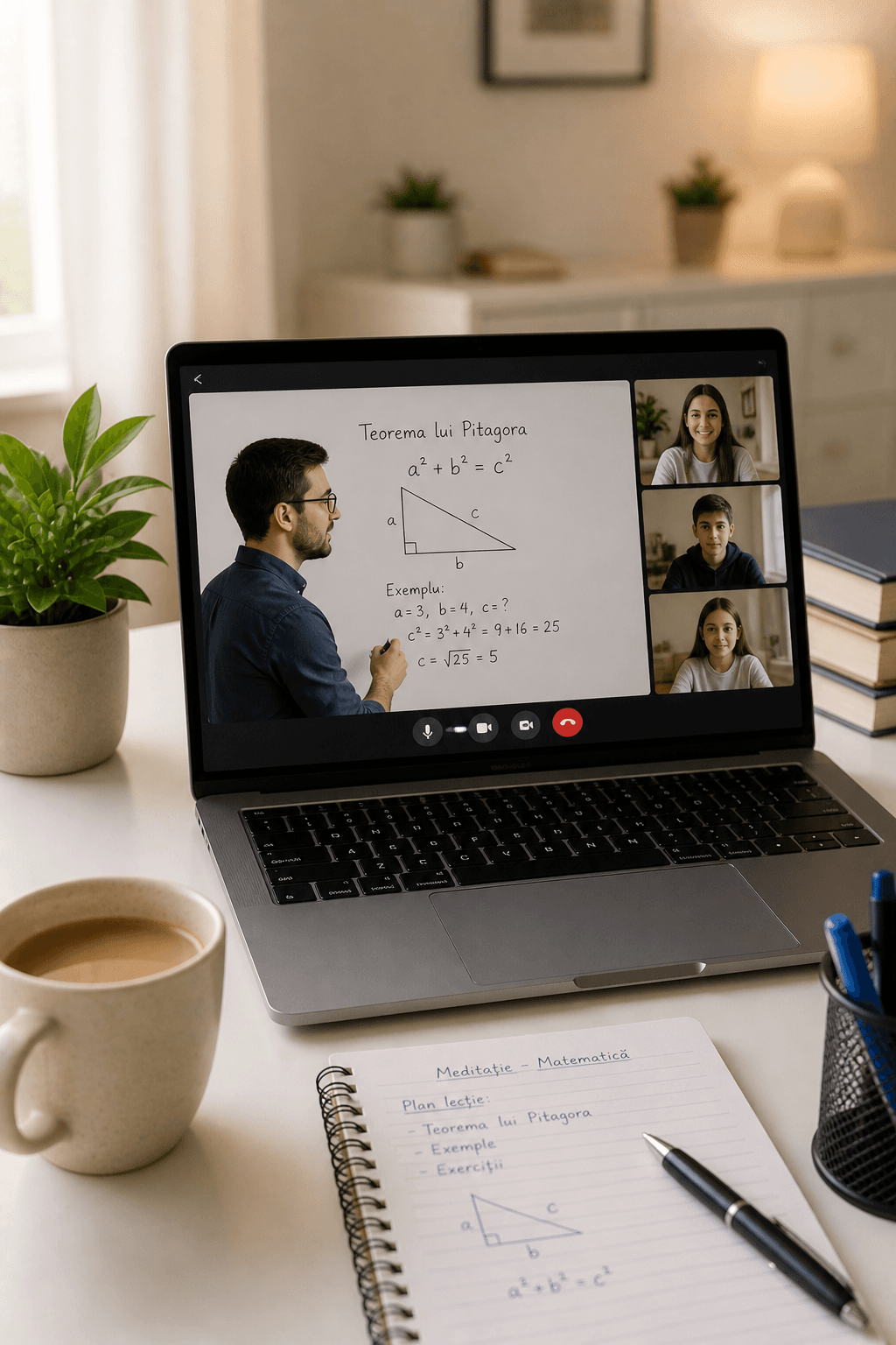 Laptop cu apel video pe Zoom și tabletă cu stylus pentru meditații matematică online