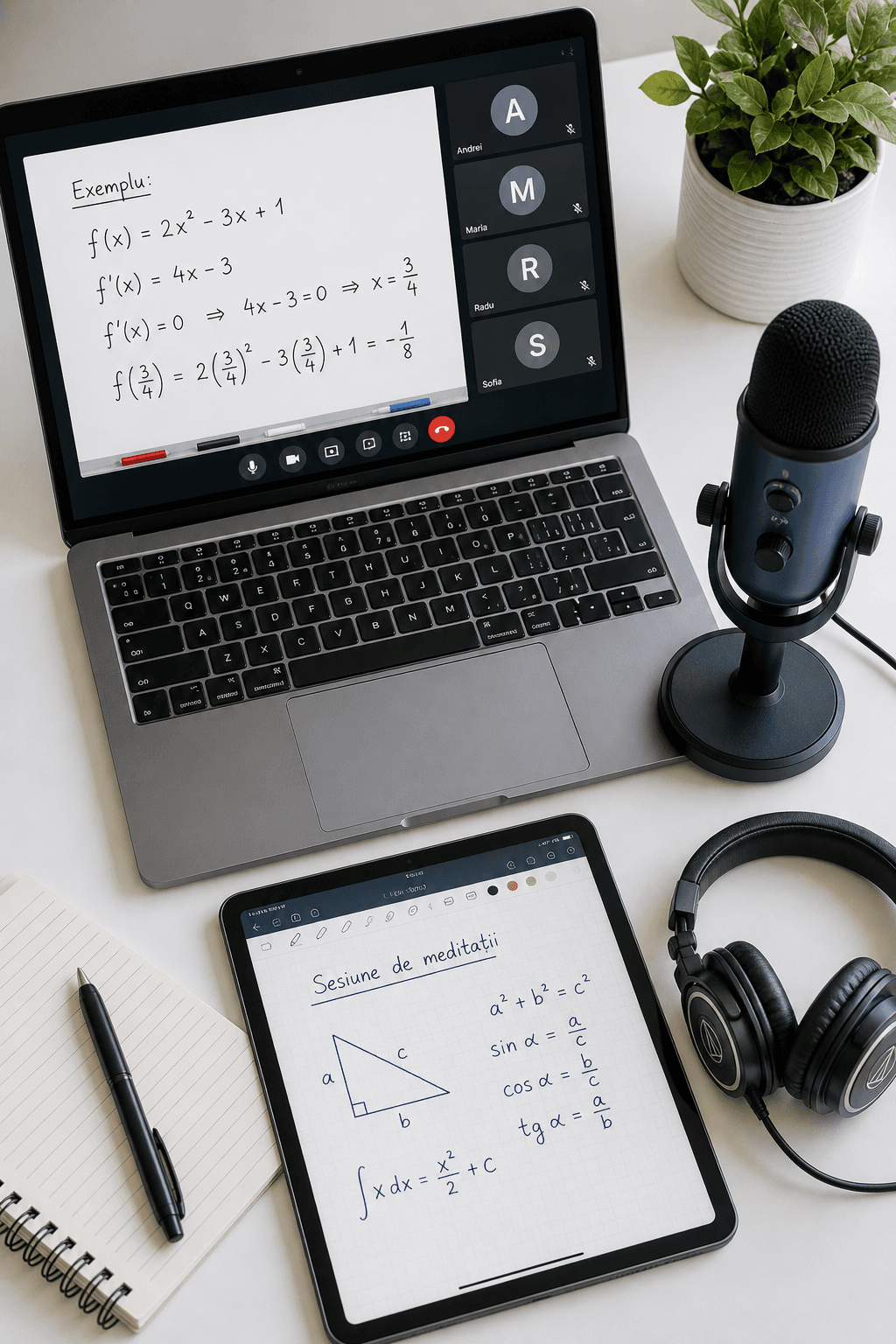 Setup de meditații online - laptop, tabletă cu stylus, microfon USB, căști