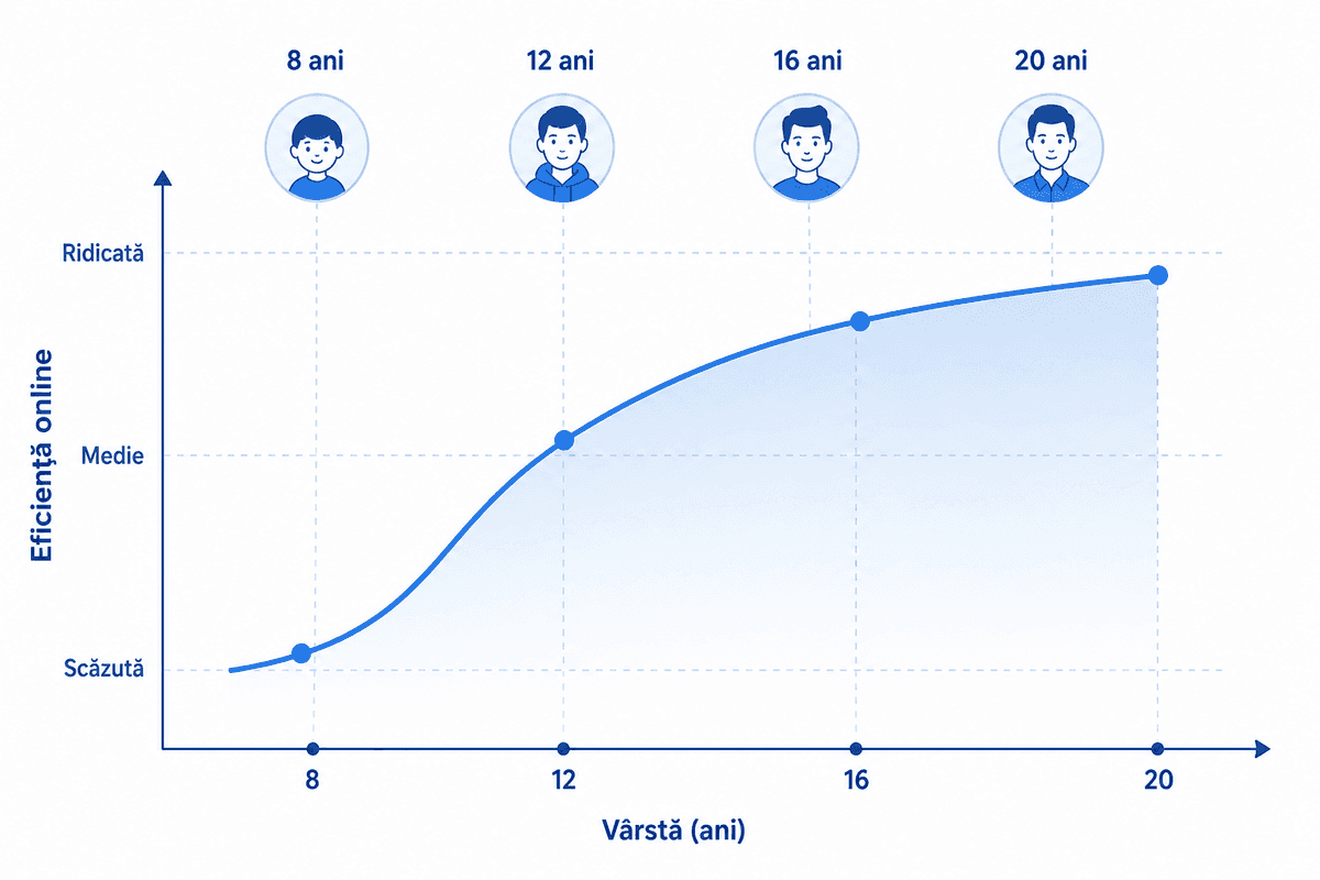 Grafic eficacitate meditații online pe grupe de vârstă - copii vs adolescenți vs adulți