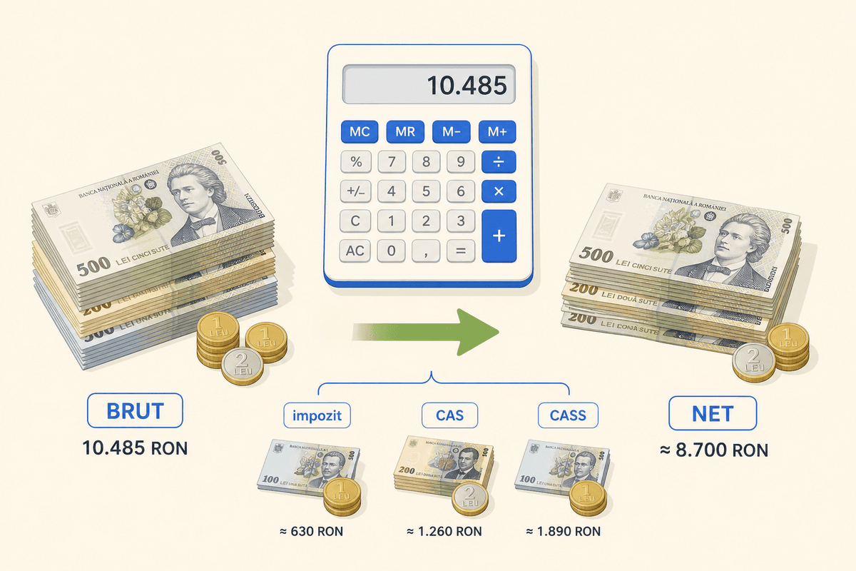 Calculator cu bancnote și tabel cu taxe PFA pentru meditații în 2026